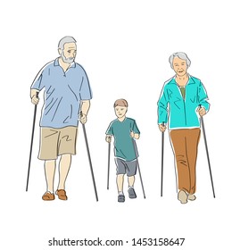 Nordic or scandinavian walking. Elderly man and woman with grandchild. Safe fitness for old people. Black isolated contour and colors. Hand drawn style. Vector element. Colorful flat illustration.