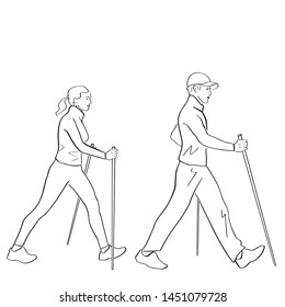 Nordic or scandinavian walking. Female and male silhouettes with sticks in profile. Safe fitness for young couple. Black isolated contour. Hand drawn style. Vector outline. Graphic element.