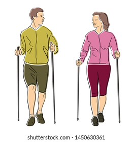 Nordic or scandinavian walking. Man and woman with sticks. Safe fitness for young couple. Black isolated contour and colors. Hand drawn style. Vector element. Colorful flat illustration.
