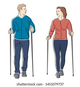 Nordic or scandinavian walking. Man and woman with sticks. Safe fitness for young couple. Black isolated contour and colors. Hand drawn style. Vector element. Colorful flat illustration.