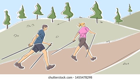 Nordic or scandinavian walking in park. Female and male silhouettes with sticks in profile go along the path. Safe fitness. Black isolated contour and colors. Hand drawn style. Vector element. 