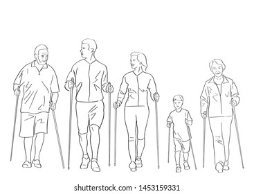 Nordic or scandinavian walking. Safe fitness for family and old people. Female, male and child silhouettes with sticks. Black isolated contour of parents, grandparents and kid. Hand drawn style.