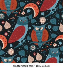 Nordic scandinavian wild owl bird couple among stars, flowers and moon seamless vector pattern. Hand drawn cute cartoon illustration on a dark background.Love nature design.