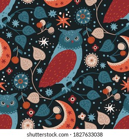 Nordic scandinavian wild owl bird among flowers. Seamless vector pattern. Hand drawn cute cartoon illustration print on a dark background. Cute apparel and textile design.