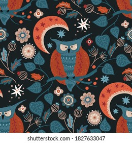 Nordic scandinavian wild owl bird seamless vector pattern. Hand drawn cute cartoon illustration on a dark background.