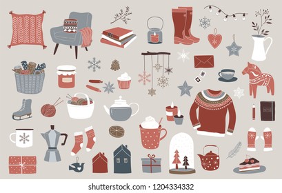 Nordic, Scandinavian winter elements and Hygge concept design, Merry Christmas card, banner, background, hand drawn vector illustrations