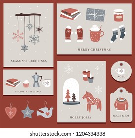 Nordic, Scandinavian winter elements and Hygge concept design, Merry Christmas card, banner, background, hand drawn vector illustrations