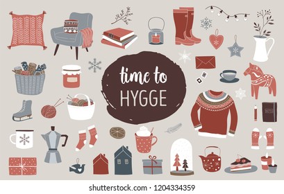 Nordic, Scandinavian winter elements and Hygge concept design, Merry Christmas card, banner, background, hand drawn vector illustrations