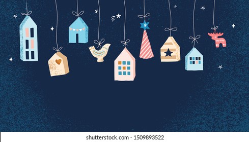 Nordic, Scandinavian winter elements and Hygge concept design. Merry Christmas card, banner, hand drawn vector illustrations on the dark background, 