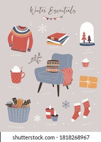 Nordic, Scandinavian Winter Elements And Hygge Concept Design, Merry Christmas Card, Banner, Background, Hand Drawn Vector Illustrations