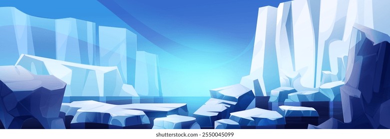 Paisaje del mar nórdico con iceberg y glaciar. Ilustración de dibujos animados de Vector del paisaje ártico, rocas de hielo azul, nieve blanca, agua fría del océano y cielo congelado, fondo de la naturaleza ártica, fondo del polo norte