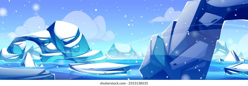 Paisaje del mar nórdico con iceberg y glaciar. Ilustración de dibujos animados de Vector del paisaje ártico, rocas de hielo azul, nieve blanca, agua fría del océano y cielo congelado, fondo de la naturaleza antártica, polo norte