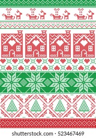Nordic, Seamless Christmas, festive winter pattern in cross stitch with gingerbread house, Christmas tree, heart, reindeer, sleigh  in red, green