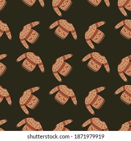 Nordic seamless hygge pattern with sweater xmas shapes. Beige cozy clothes on brown background. Flat vector print for textile, fabric, giftwrap, wallpapers. Endless illustration.