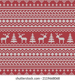 Nordic seamless pattern with deer. Winter, Christmas backdrop with knitting texture. Vector illustration.