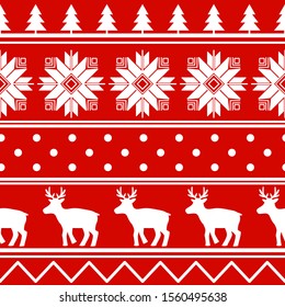 Nordic seamless pattern. Red and white texture winter sweater. Vector stock illustration deer repeat ornament. Surface design xmas background.
