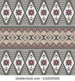 Nordic seamless pattern. Winter geometric ornament with snowflakes in Scandinavian style. Christmas print, Slavic embroidery, knitted fabric.
