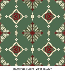 Nordic Seamless Pixel Cross Stitch Pattern – Traditional Folk Textile Design. Ideal for Christmas crafts, fabric design, wrapping paper, scrapbooking, and digital backgrounds.