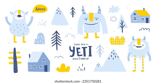 Nordic set with cute yeti houses and trees. Scandinavian vector collection of naive doodle yeti for kids.