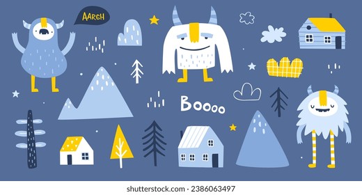 Nordic set with cute yeti and landscape elements. Scandinavian vector collection of naive doodle yeti for kids.