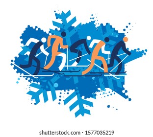 Nordic ski race, crosscountry skiers. 
A expressive stylized drawing of cross-country ski competitors. Vector available