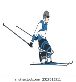 Nordic skier on the cross country race in running position. Skiers in sportswear are skiing with Ski poles and skis. Athletes participate in winter sports competition. The leader of pelothon tries1942