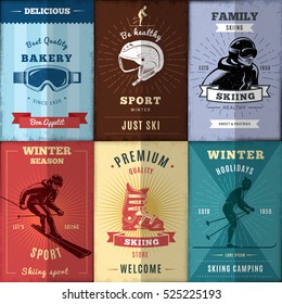 Nordic skiing posters set with active persons and sports equipment ribbons and rays isolated vector illustration 