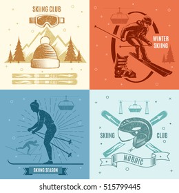 Nordic skiing retro style emblems with mountain and spruces persons and sports equipment ribbons isolated vector illustration