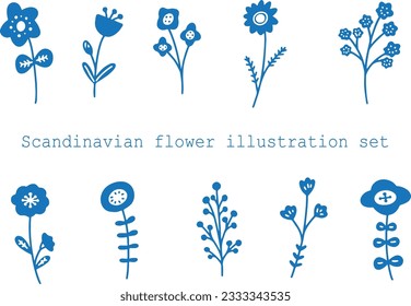 Nordic style blue simple flower illustration set