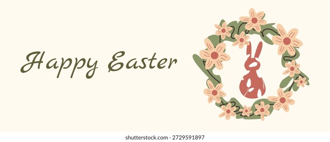 Tarjeta de felicitación de Pascua de estilo nórdico con conejito en corona floral, diseño escandinavo mínimo
