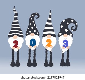 Nordic style Gnomes with 2023 numbers. Happy New Year event poster, greeting card cover, 2023 calendar design, invitation to celebrate New Year and Christmas. Vector illustration
