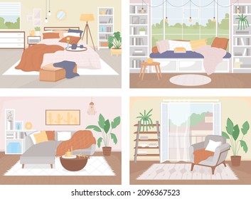 Conjunto de ilustraciones vectoriales de color plano de estilo nórdico. Salón con sofá y almohadas y mantas. Acogedor apartamento. Interior escandinavo de dibujos animados 2D con muebles sobre colección de fondo