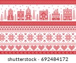 Nordic style and inspired by Scandinavian cross stitch craft Christmas pattern in red and white including  winter wonderland village, church, gingerbread house, Christmas tree, star, snowflake,heart

