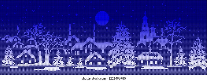 Nordic style and inspired by Scandinavian cross stitch craft Christmas pattern in blue and white including winter wonderland village, church, Christmas tree, star, snowflake