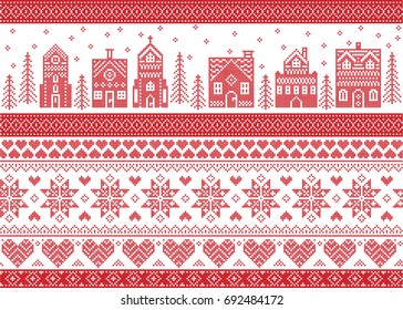 Nordic style and inspired by Scandinavian cross stitch craft Christmas pattern in red and white including  winter wonderland village, church, gingerbread house, Christmas tree, star, snowflake,heart

