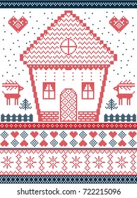 Nordic style and inspired by Scandinavian Christmas pattern and craft in cross stitch, in red and blue