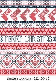 Nordic style Merry Christmas festive winter pattern in cross stitch with stockings ,heart, angel, decorative ornaments, snowflake in red , white and blue 