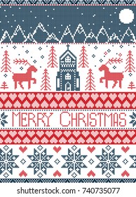 Nordic style Merry Christmas pattern in red and white including  winter wonderland village, church, Xmas trees, mountains, stars , snowflakes, reindeer in blue, red
