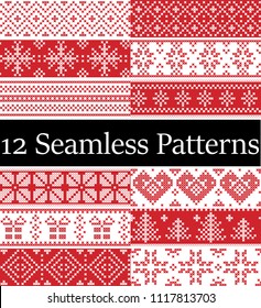  Nordic style vector samples  inspired by Scandinavian Christmas, festive winter seamless patterns in cross stitch with heart, snowflake, Christmas tree, snow, decorative ornaments red, white 