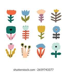 Conjunto de flores de verano nórdico. Elemento gráfico floral geométrico de Pascua Abstractas. Ilustración vectorial