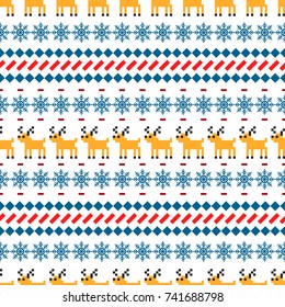 Nordic sweater seamless vector pattern with deer. Blue and red knitted background winter holiday design for fabric, wrap gift paper and apparel.