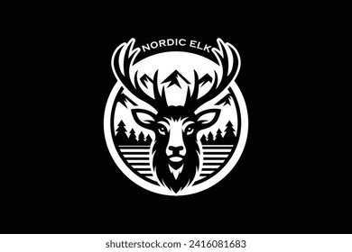 nordic themed elk logo with elk face illustrated with mountains in the back and surrounded by pine trees vector