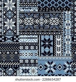 Nordic traditional knitted snowflakes jacquard patchwork abstract winter textile vector seamless pattern