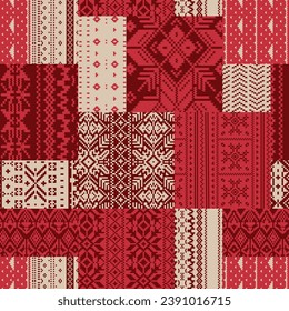 Nordic traditional knitted snowflakes jacquard patchwork abstract winter textile vector seamless pattern