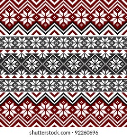 Nordic traditional pattern with snowflakes, white, grey and red design, full scalable vector graphic, all elements are grouped for easy editing