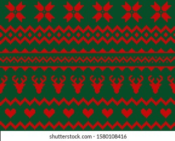 Nordic traditional seamless pattern. Norway Christmas sweater. Red and green knitted Christmas pattern with deer, hearts and snowflakes. Hygge. Scandinavian winter knitting pattern