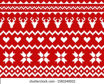 Nordic traditional seamless pattern. Norway Christmas sweater. Red and white knitted Christmas pattern with deer, hearts and snowflakes. Hygge. Scandinavian winter knitting pattern