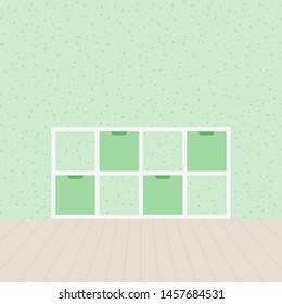 Nordic tv stand in modern empty room. Empty clean wall and wooden floor. Minimal living room. Home interior. Vector illustration, flat design