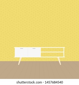 Nordic tv stand in modern empty room. Empty clean wall and wooden floor. Minimal living room. Home interior. Vector illustration, flat design