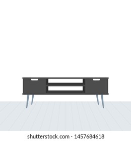 Nordic tv stand in modern empty room. Empty clean wall and wooden floor. Minimal living room. Home interior. Vector illustration, flat design